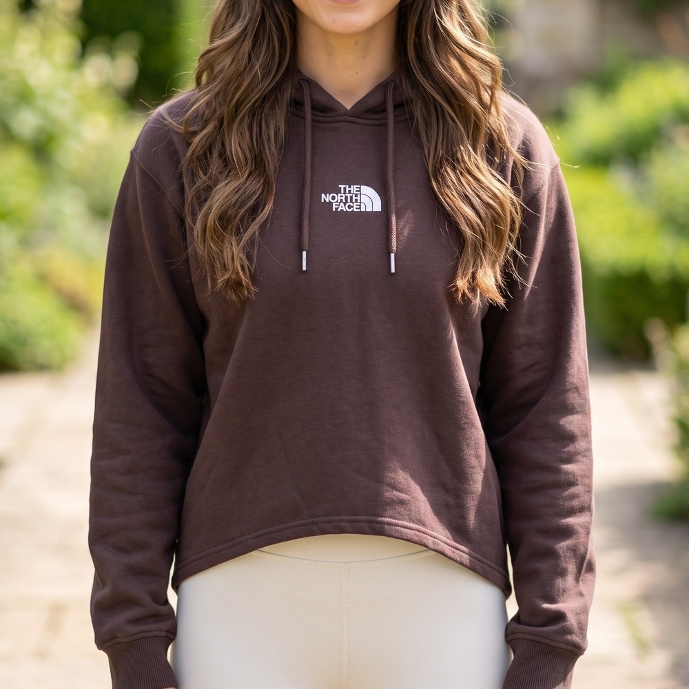 The North Face Womens Brown High-Low Logo Crop Hoodie Fleece Pullover 5596